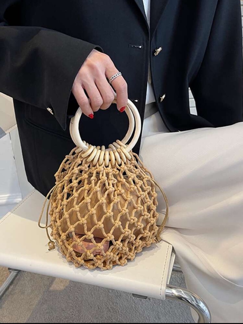 3/$45 Hand-Knotted Net Bag with Wooden Ring Handles - Camel